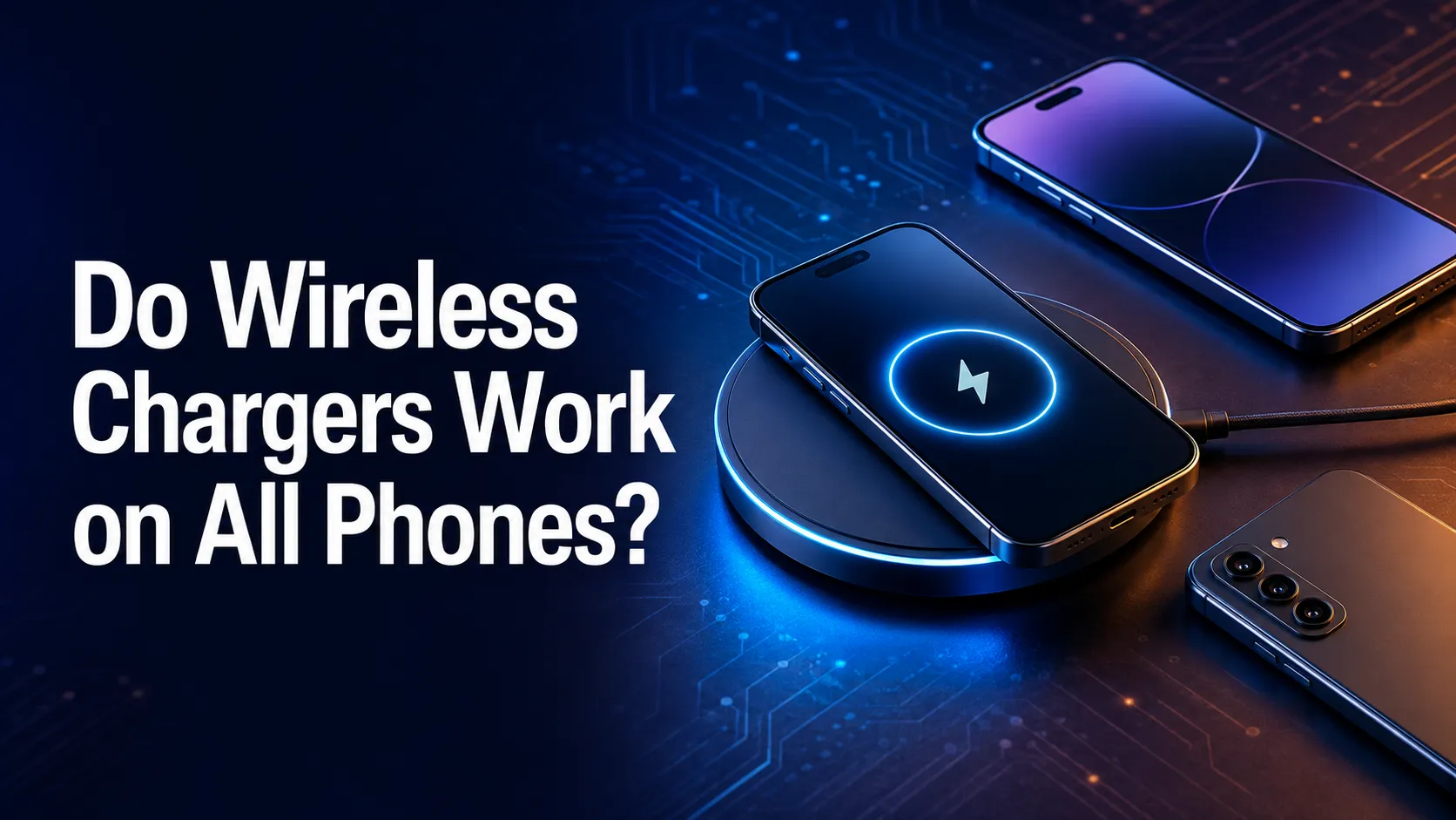 Smartphone charging wirelessly on a pad beside a cable and power adapter