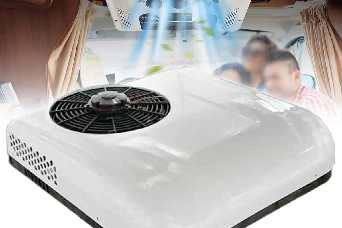 Camper roof AC unit fan motor and airflow components inside an RV