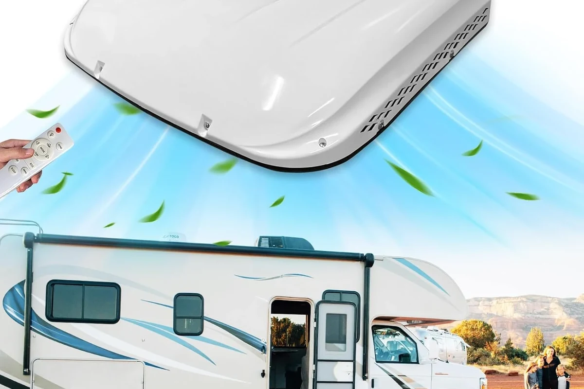 Camper roof AC unit fan motor and airflow components inside an RV