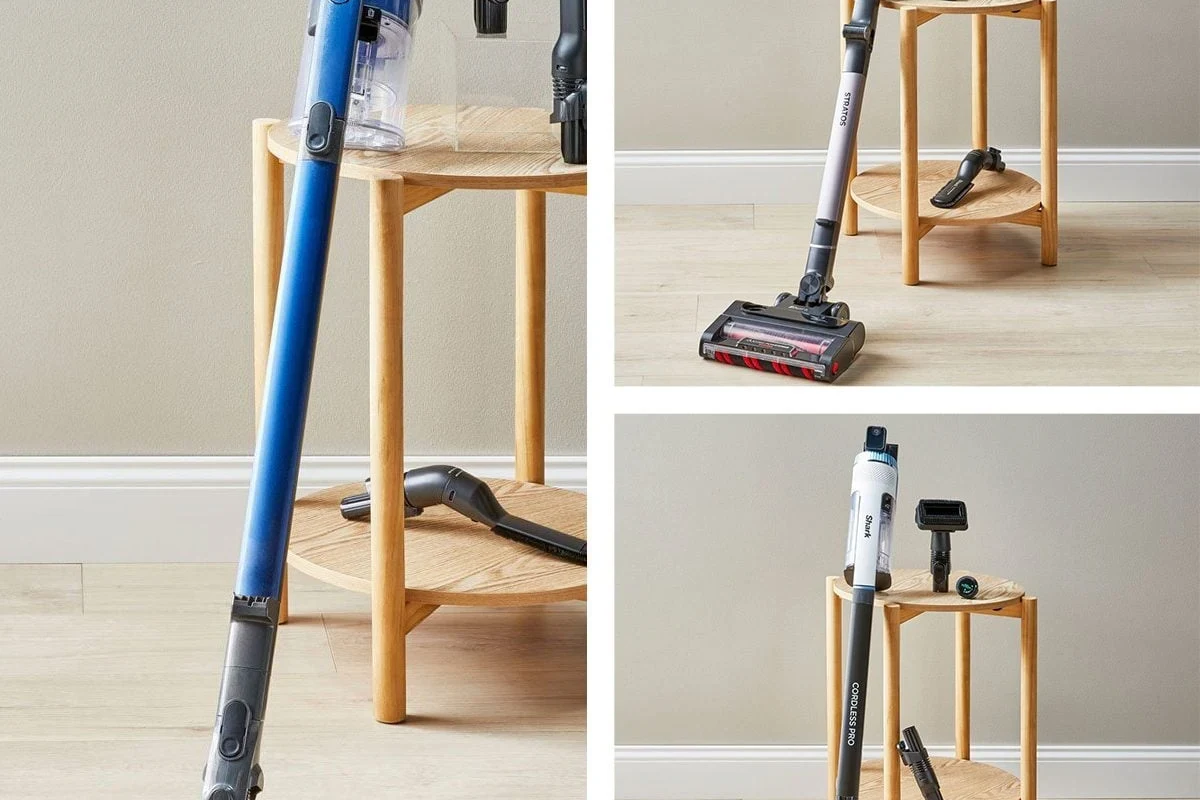 Stick vacuum filters and replacement parts arranged beside a cordless vacuum for home cleaning
