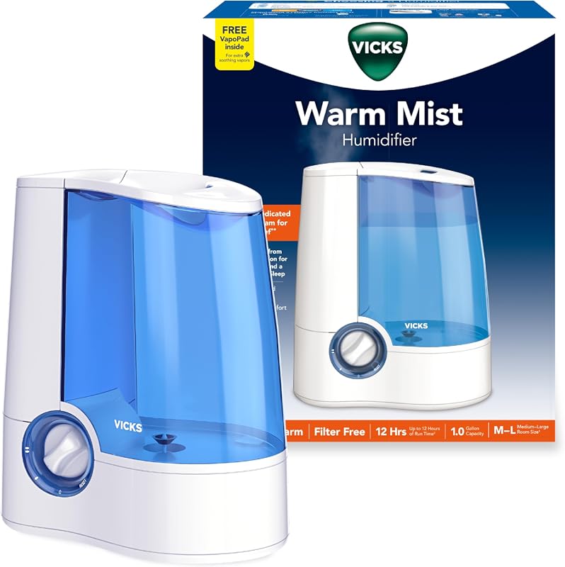 Vicks Warm Mist Filter-Free Humidifier with Auto Shut-Off and VapoPad Compatibility