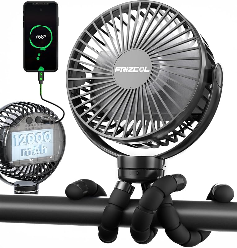 FRIZCOL Portable Stroller Fan with Power Bank, 12000mAh Battery, Flexible Tripod, Timer