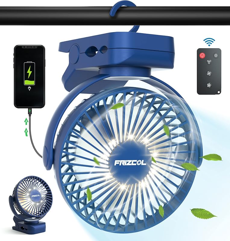 Rechargeable Clip-On Fan with LED Lights and Hooks
