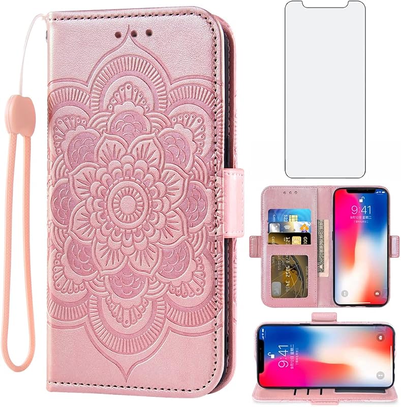 iPhone X/Xs Wallet Case with Tempered Glass, Card Holder, Flip Cover, Rose Gold