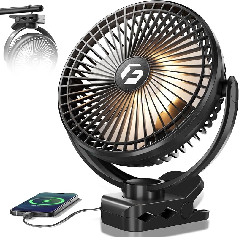 FRIZCOL 8-Inch Clip-On Battery Fan with Lights, Quiet USB Power, for Camping and Office