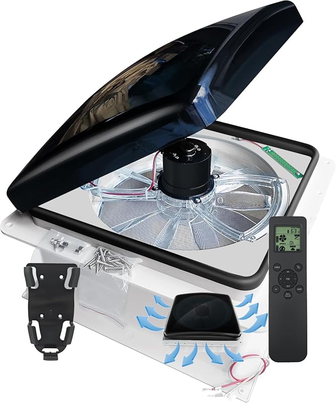 Build-in Rain Shield 14-Inch RV Roof Vent Fan, 10-Speed Reversible 12V Trailer Vent