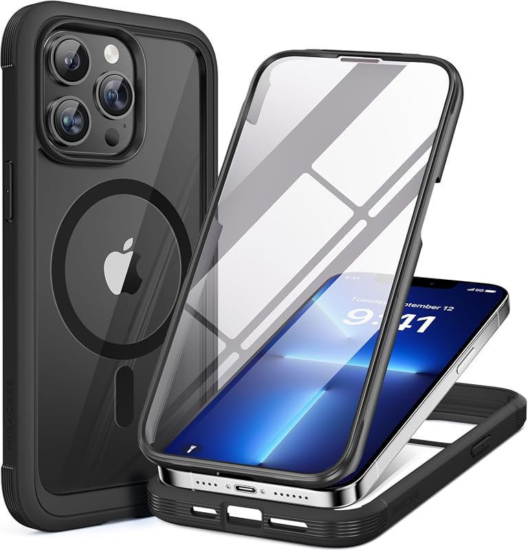 Miracase Magnetic iPhone 13 Pro Max Full-Body Clear Case with Tempered Glass, Black