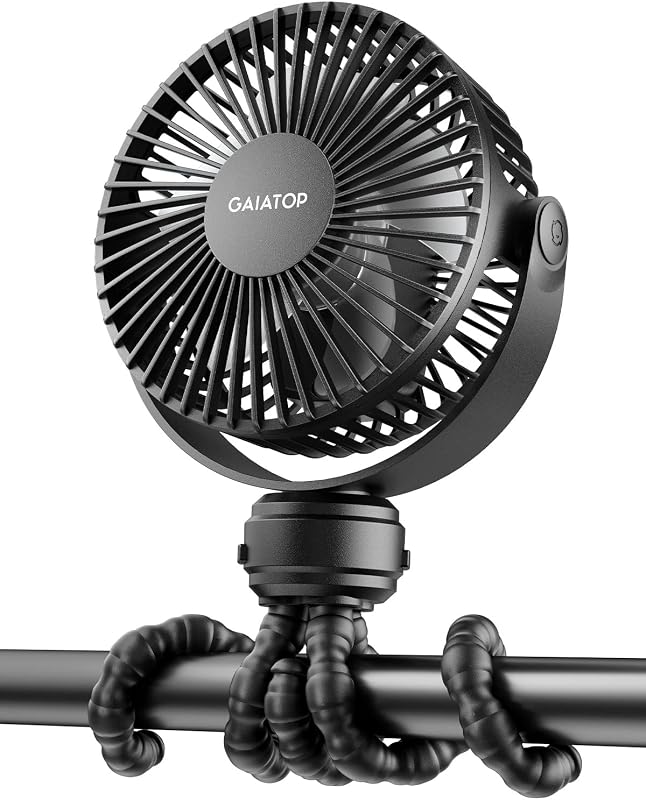 Gaiatop Mini Stroller Fan with Detachable Clip-On, 3 Speeds, Rechargeable Tripod