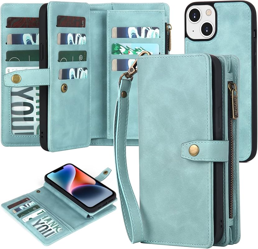 TwoHead iPhone 13 Wallet Case, Detachable Magnetic PU Leather Cover with Wrist Strap