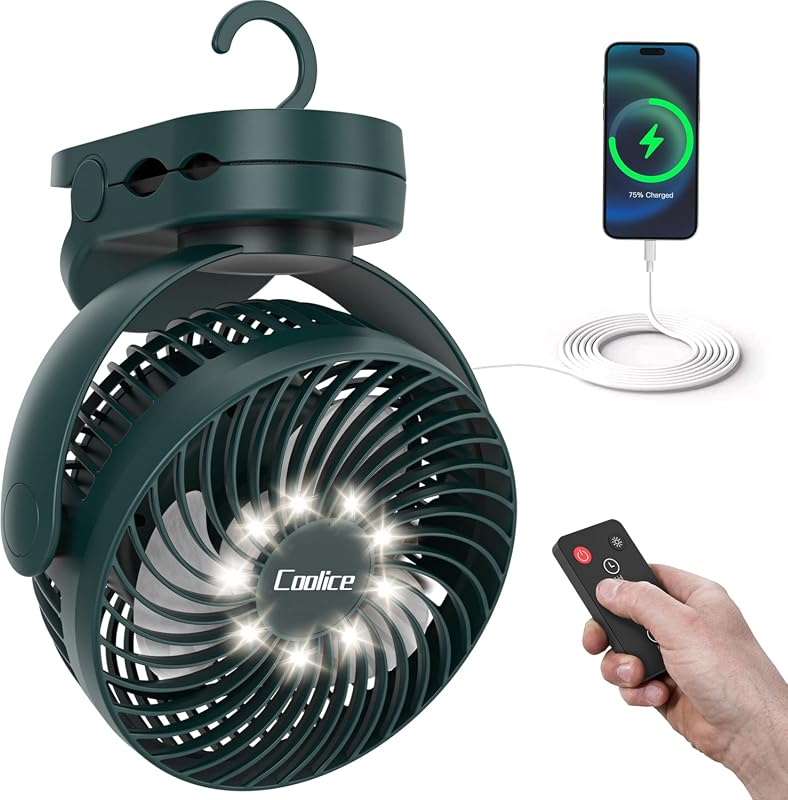 Camping Fan with Remote, 12000mAh Battery, LED Light, and Hanging Hook for Tents