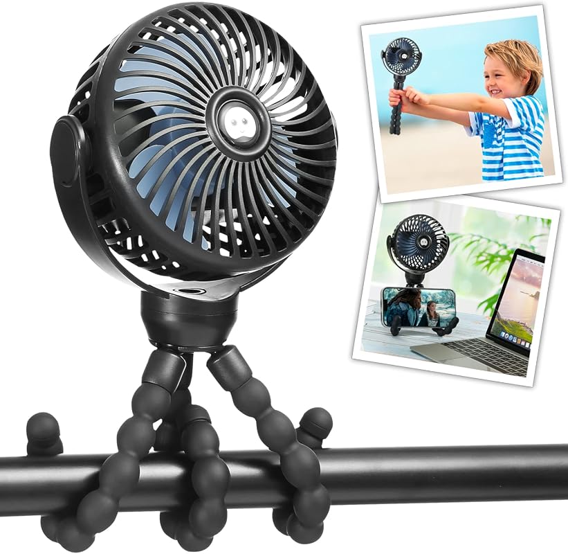 snawowo Mini Baby Stroller Fan with Flexible Tripod, Rechargeable Clip-On, 360° Rotate