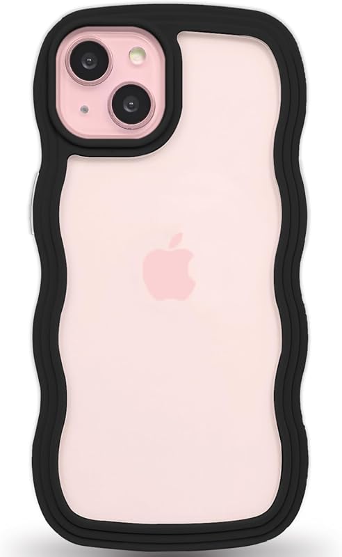 Anuck wavy edge clear back shockproof TPU bumper case for iPhone 15, black