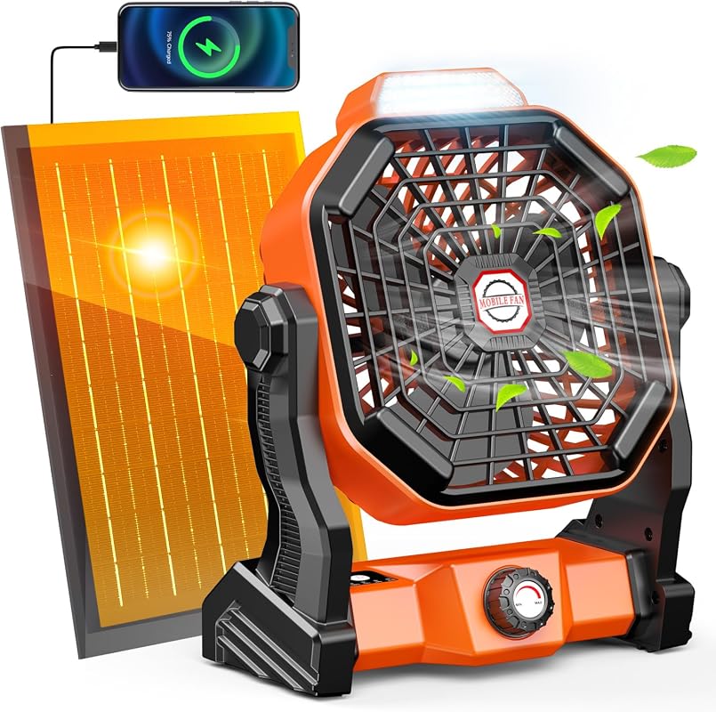 8-Inch Solar Powered Camping Fan with LED Lantern, Rechargeable Battery, Max 40H Runtime