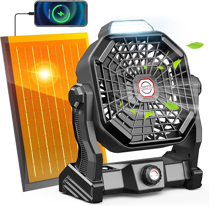 8-Inch Solar Powered Camping Fan with LED Lantern, Rechargeable Battery, Max 40H Runtime
