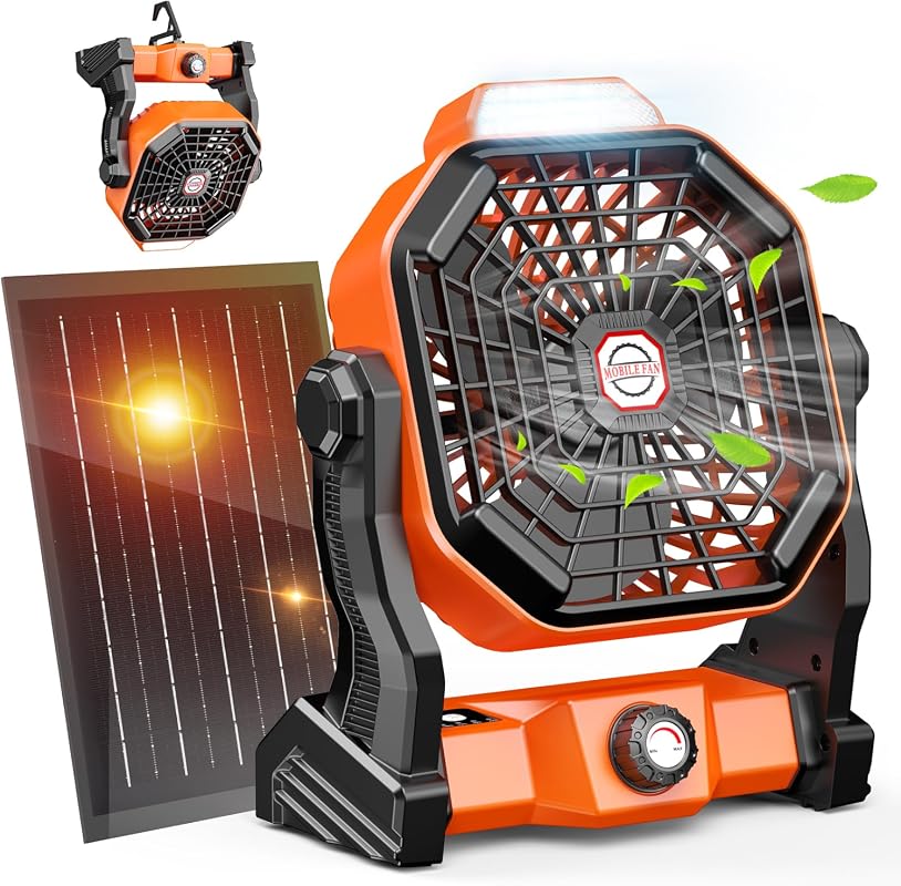 8-Inch Solar Powered Camping Fan with LED Lantern, Rechargeable Battery, Max 60H Runtime