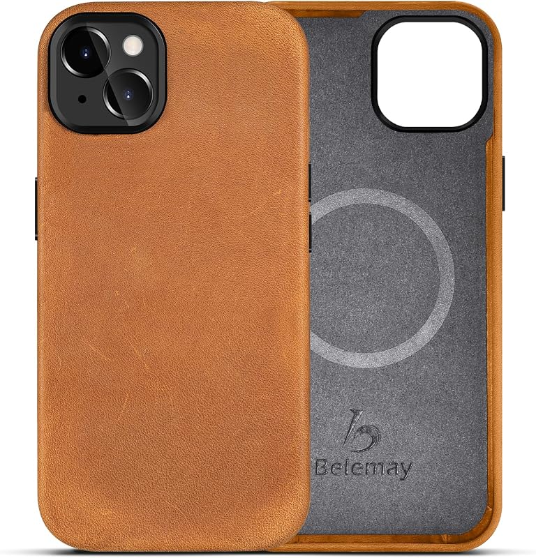 Belemay iPhone 13 Leather Case, MagSafe Compatible, Vintage Crazy Horse Leather, Slim Premium Cover
