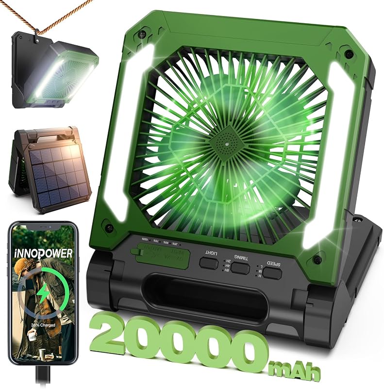 20000mAh Solar Portable Fan with LED Lantern, 3 Speeds, Timer, Quiet USB-C Rechargeable