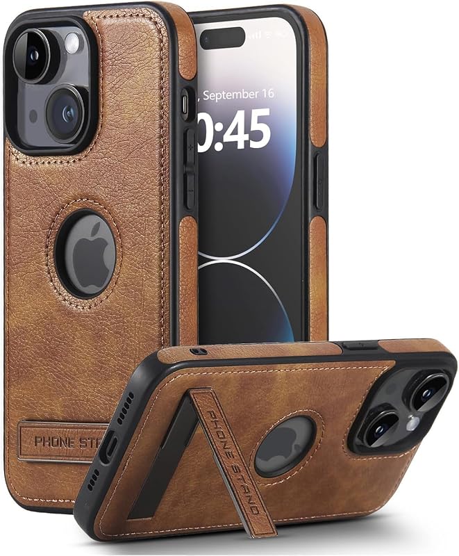 iPhone 13/14 Leather Case with Invisible Kickstand, Slim Protective Cover, 6.1-Inch