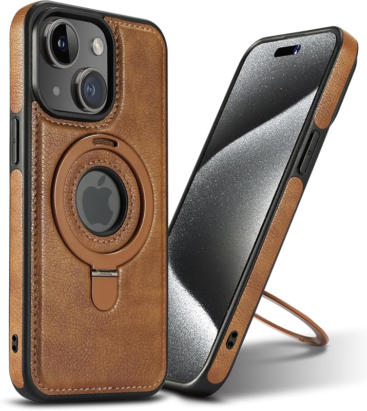 iPhone 13/14 Magnetic Leather Case with Invisible Stand, MagSafe Compatible, Slim Brown Cover