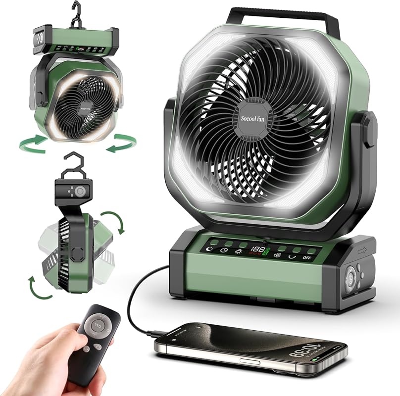 Socool Rechargeable Camping Fan with Light, 20000mAh Battery, 9 Speeds, Timer, and Oscillation