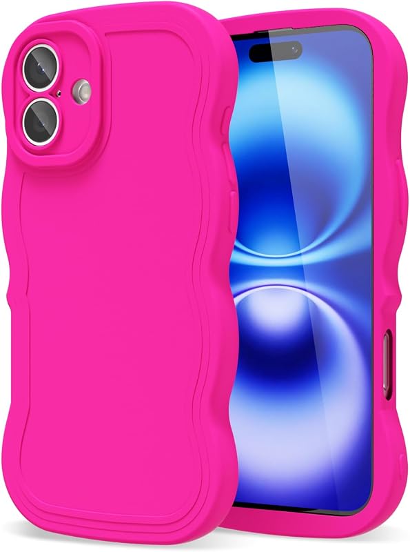 Oakxco wavy edge silicone case for iPhone 16, matte neon hot pink