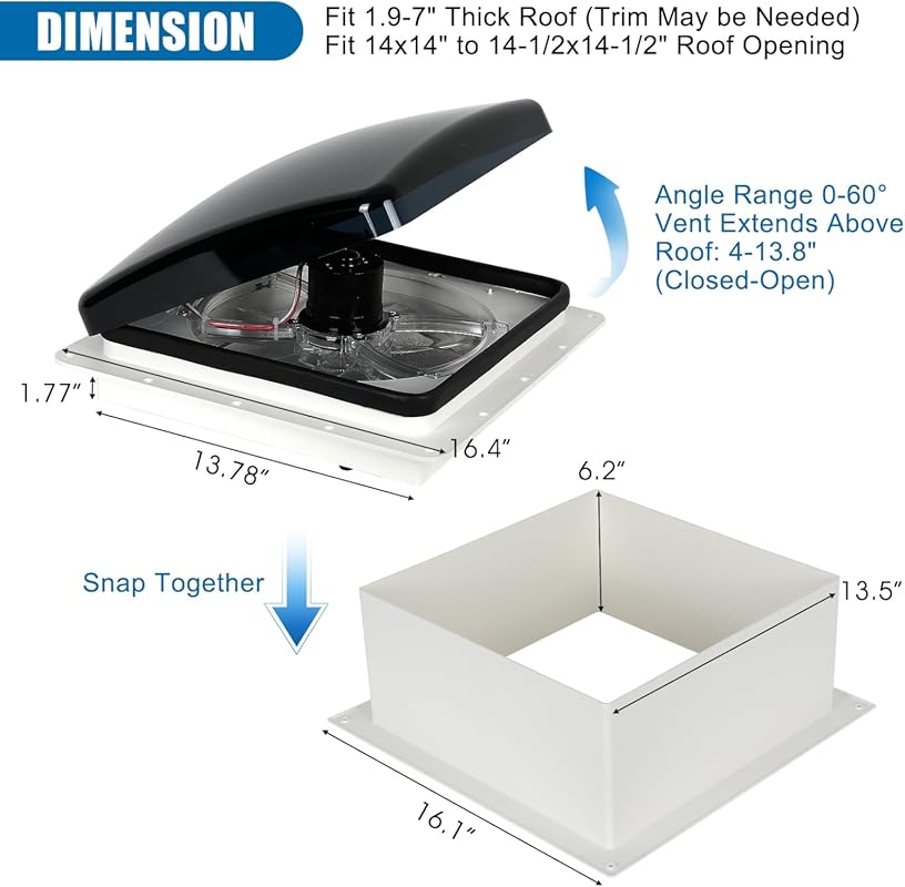 12V RV Roof Vent Fan, 14-Inch, Super Quiet, 3-Speed, Reversible Manual Operation
