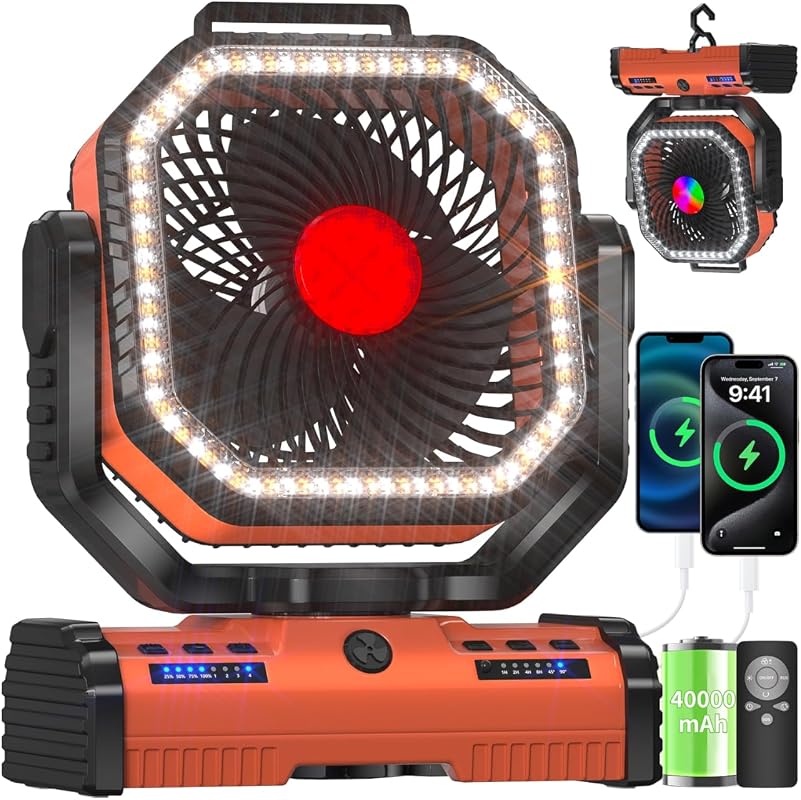 Portable 12-Inch Camping Fan with 40000mAh Battery, LED Light, Oscillation, and Remote Hook