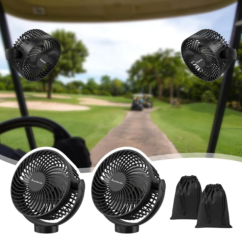 2-Pack Magnetic Golf Cart Fan, 12000mAh Rechargeable, 3 Speeds, LED Lantern, EZGO Club Car Yamaha Compatible
