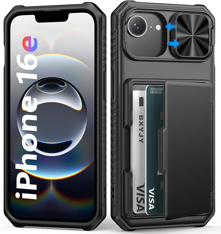 BXYJY iPhone 17e/16e wallet case with rugged card holder, camera cover, and RFID protection