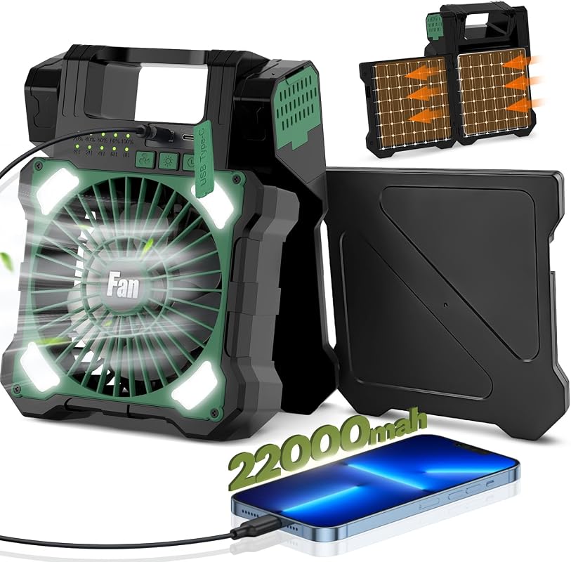 22000mAh Dual-Panel Solar Camping Fan with LED Light, 5 Speeds, USB-C Rechargeable