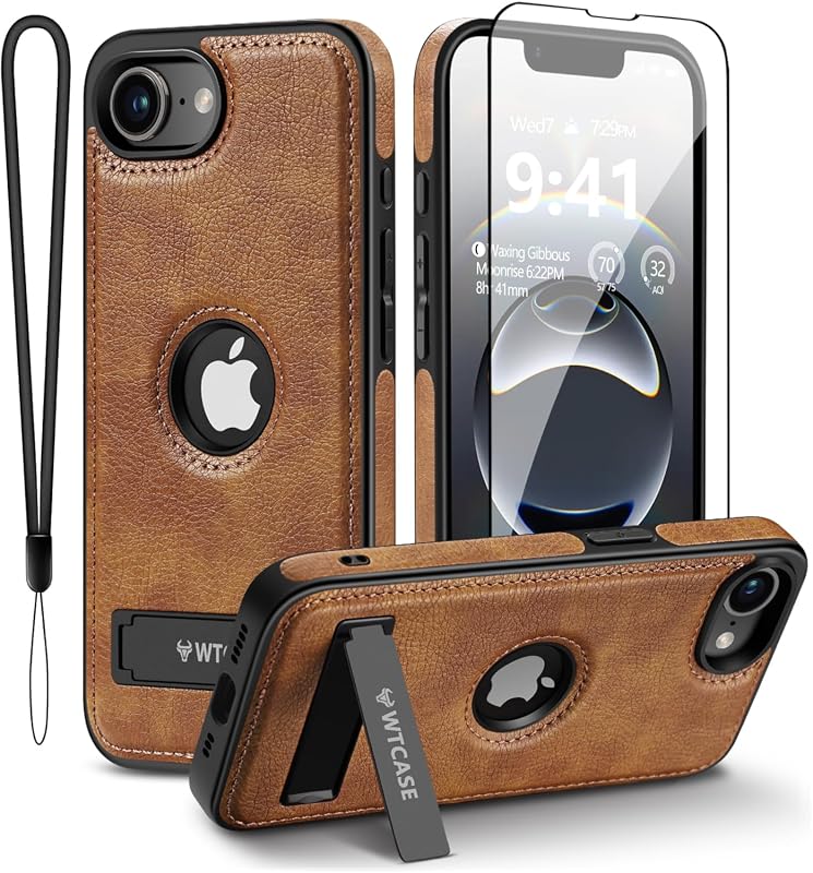 WTCASE Magnetic Leather Case for iPhone 17e/16e, Invisible Stand, MagSafe Compatible, Brown