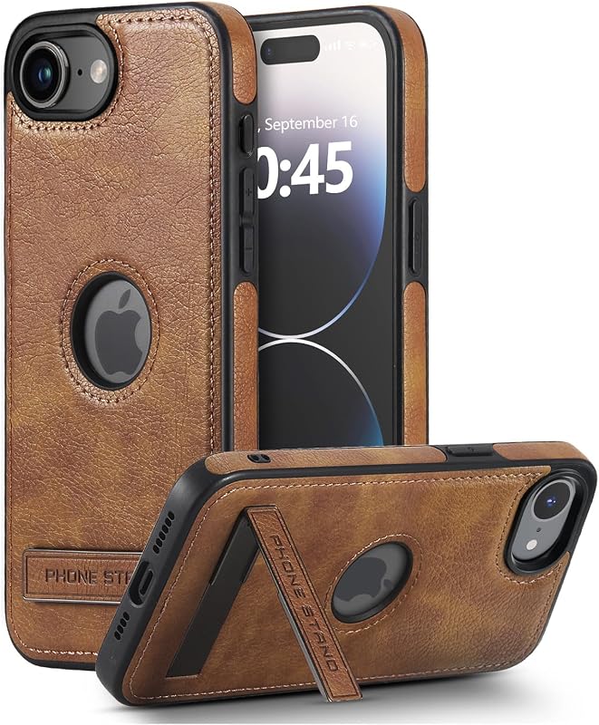 Slim Shockproof Leather Case for iPhone 16e/17e, Built-in Invisible Kickstand, Brown