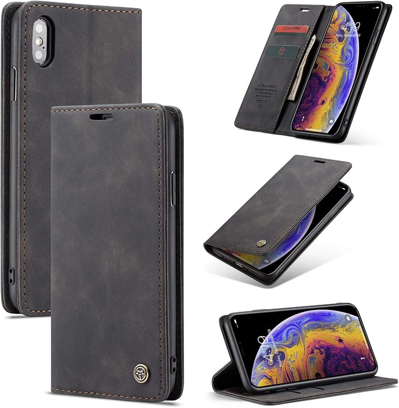 iPhone X/Xs Flip Wallet Case with Card Holder, Magnetic Closure, Kickstand, Shockproof Protection