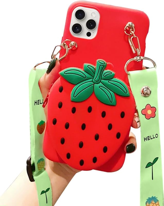 Cute strawberry wallet case with strap lanyard for iPhone 17e/16e, soft silicone