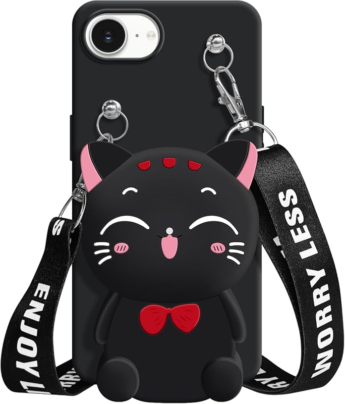 Cute cat wallet case with strap lanyard for iPhone 17e/16e, soft silicone