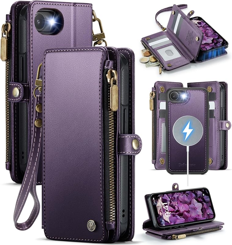 Defencase iPhone 17e/16e magnetic wallet case with RFID blocking zipper pocket and strap