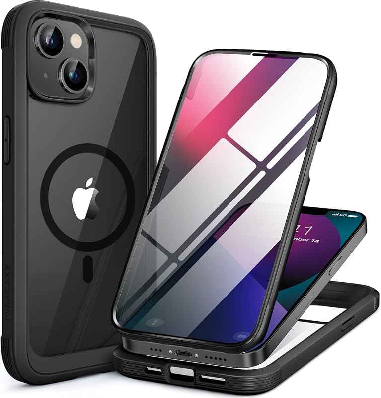 Miracase full-body case for iPhone 13 mini, clear bumper with tempered glass, black