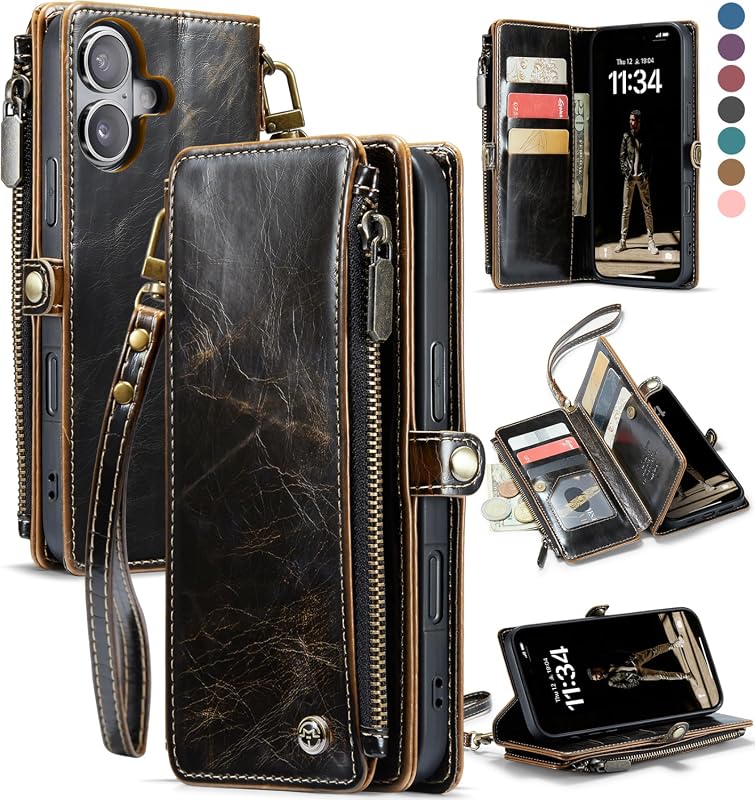 Defencase RFID Blocking Wallet Case for iPhone 17, PU Leather, Magnetic Snap, Zipper Strap