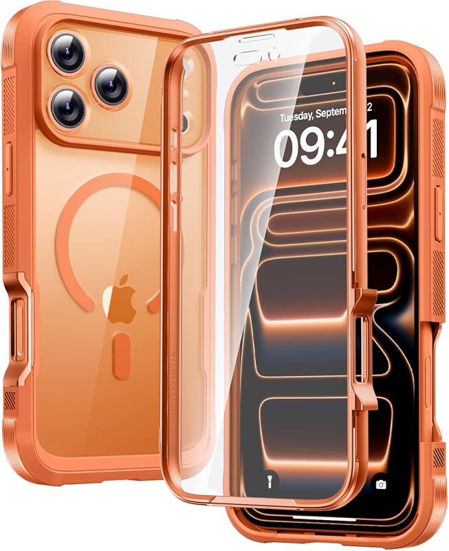 Diaclara iPhone 17 Pro Max magnetic full body case, orange, built-in screen protector