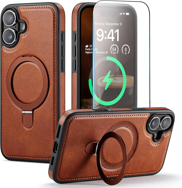 iPhone 17 Case with Stand, MagSafe Compatible, PU Leather, Tempered Glass, Slim Drop Protection
