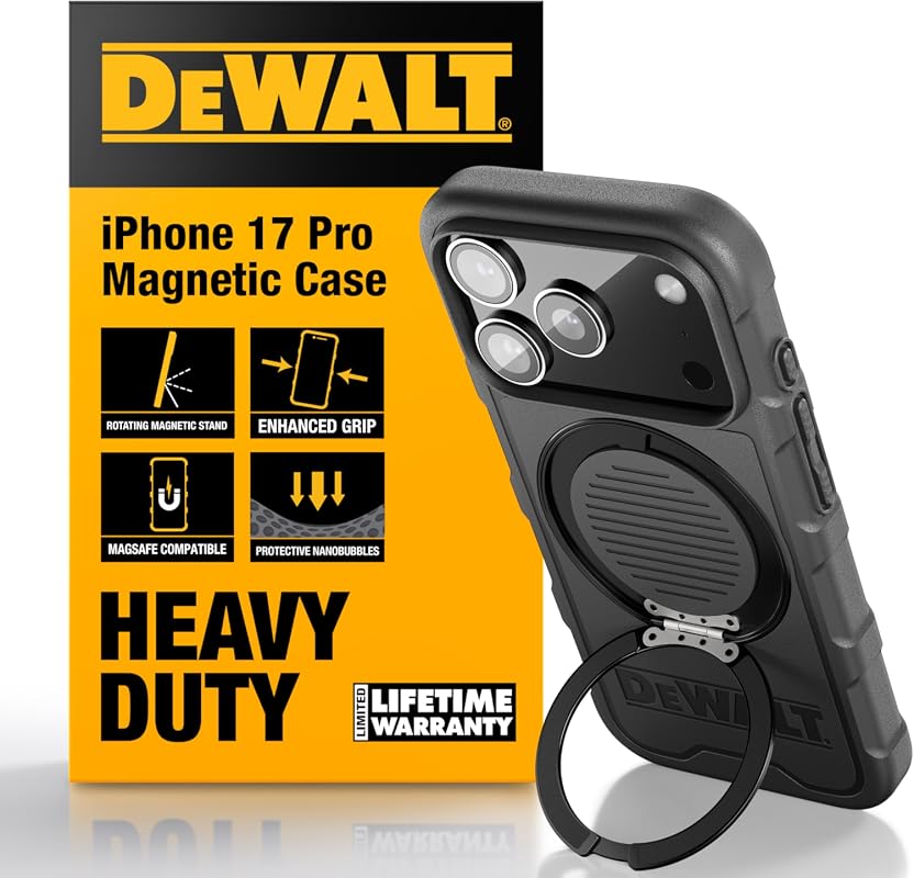 DEWALT iPhone 17 Pro Magnetic Rugged Case with 360° Ring Holder Kickstand