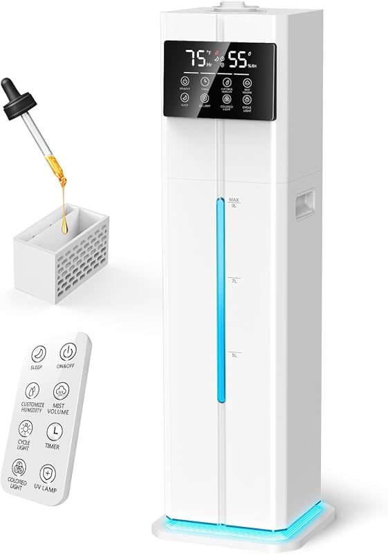 9L Top-Fill Cool Mist Humidifier with Remote, 60H Runtime, Quiet for Large Rooms