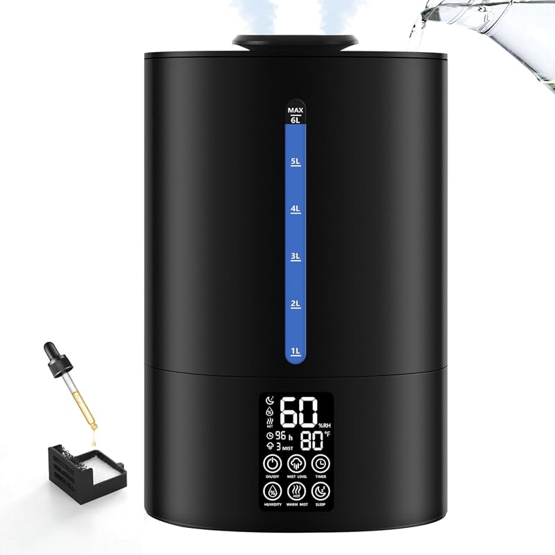 Coolfiqu 6L Cool and Warm Mist Humidifier, Auto Mode, Quiet, 360° Nozzle