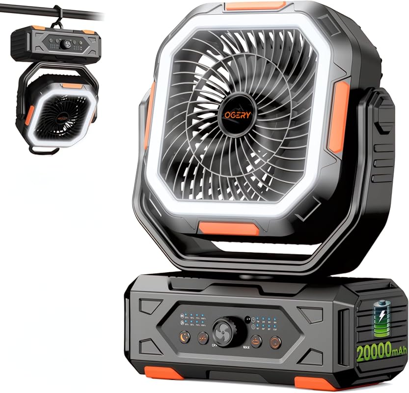 OGERY Camping Fan with 20000mAh Battery, Stepless Speed, Fast Charging, Remote, LED Lantern