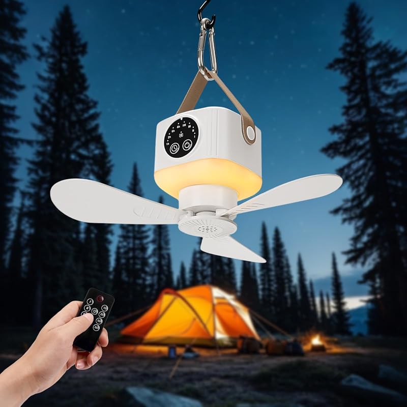 Portable Ceiling Fan with Lights, USB Rechargeable, 4 Speeds, Timer, and Remote Control