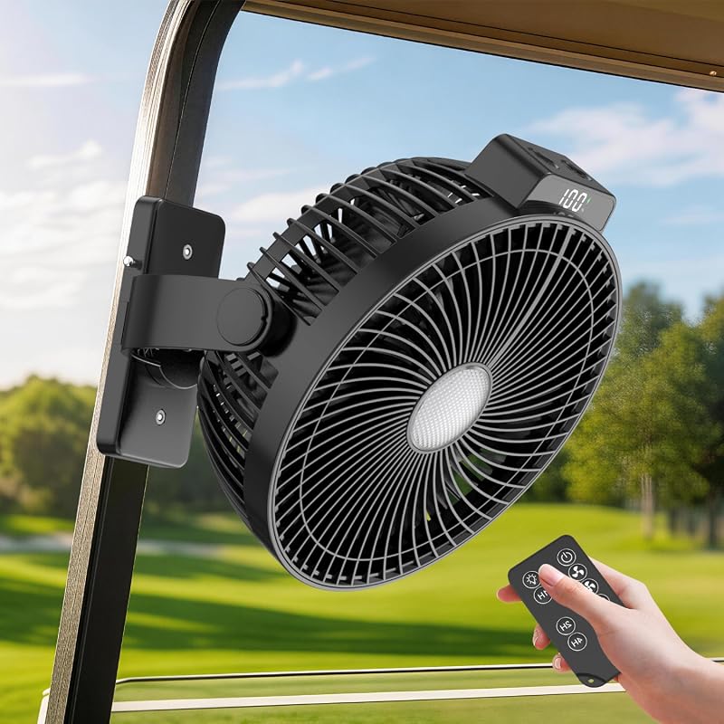 8-Inch Magnetic Golf Cart Fan, 12000mAh Rechargeable, Heavy-Duty Strap, Dual-Magnet, Bright Light