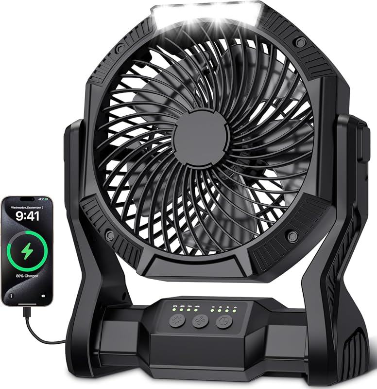 Portable Rechargeable Camping Fan with 20000mAh Battery, LED Light, Hook, 4-Speed Timer