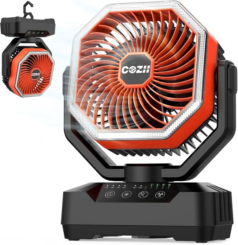 COZII Rechargeable Camping Fan with LED Light, 20000mAh Battery, Remote, and Oscillating Power