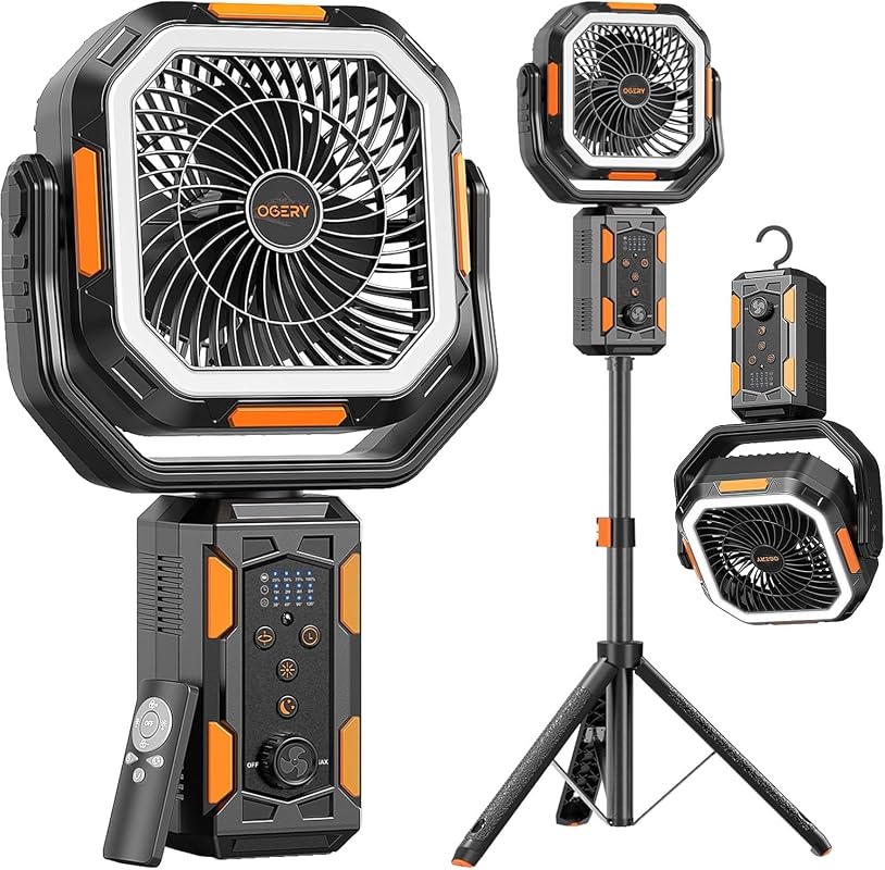 OGERY Portable Camping Fan with Adjustable Stand, 20000mAh Battery, Remote, LED Light