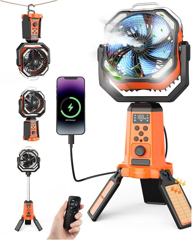 24000mAh Rechargeable Solar Camping Fan with Stand, Oscillation, Remote, LED Light, Misting Function